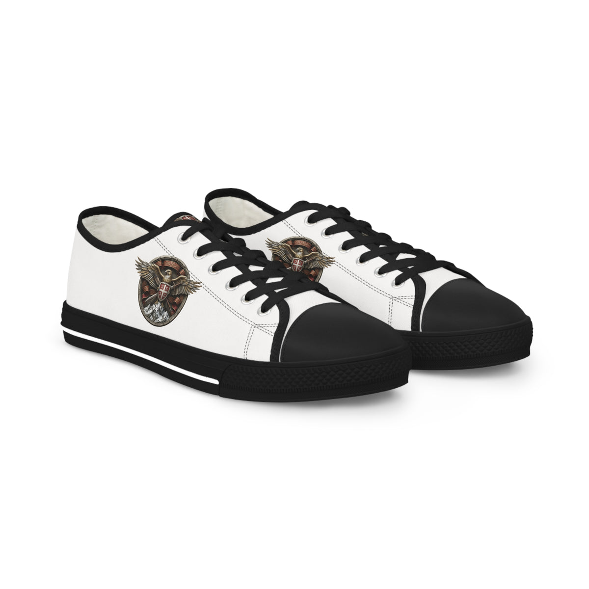 Men's Low Top Sneakers — White Canvas with Vintage Serbian Eagle Print