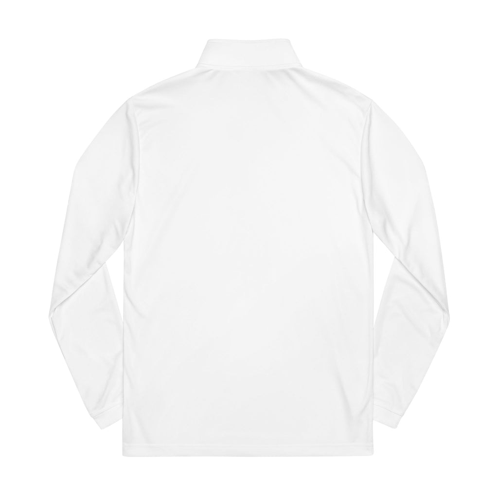 Embroidered Quarter-Zip Pullover — White Athletic Pullover with Crest Accent