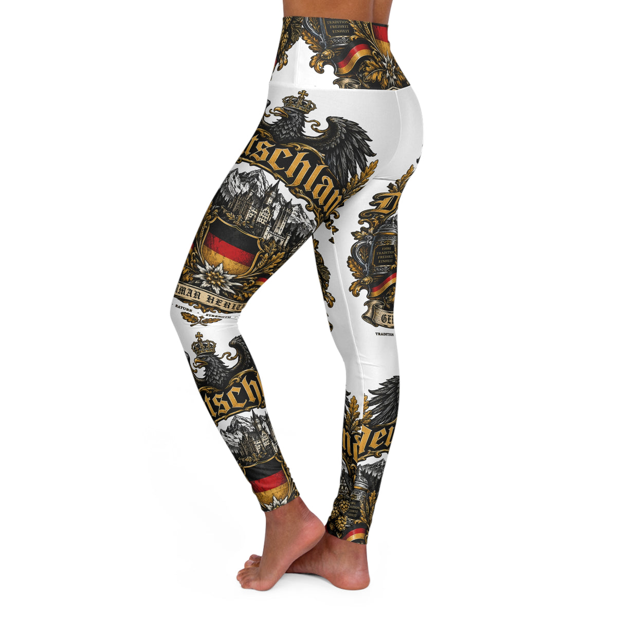 High-Waisted All-Over Print Yoga Leggings - Vintage German Crest Design