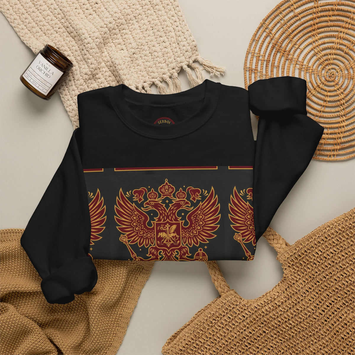 Russian Heritage Crewneck Sweatshirt — Double-Headed Eagle & Khokhloma Folk Art