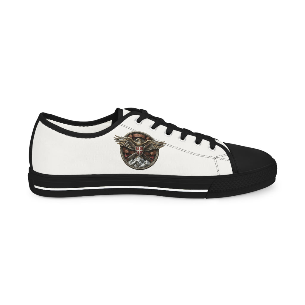Men's Low Top Sneakers — White Canvas with Vintage Serbian Eagle Print