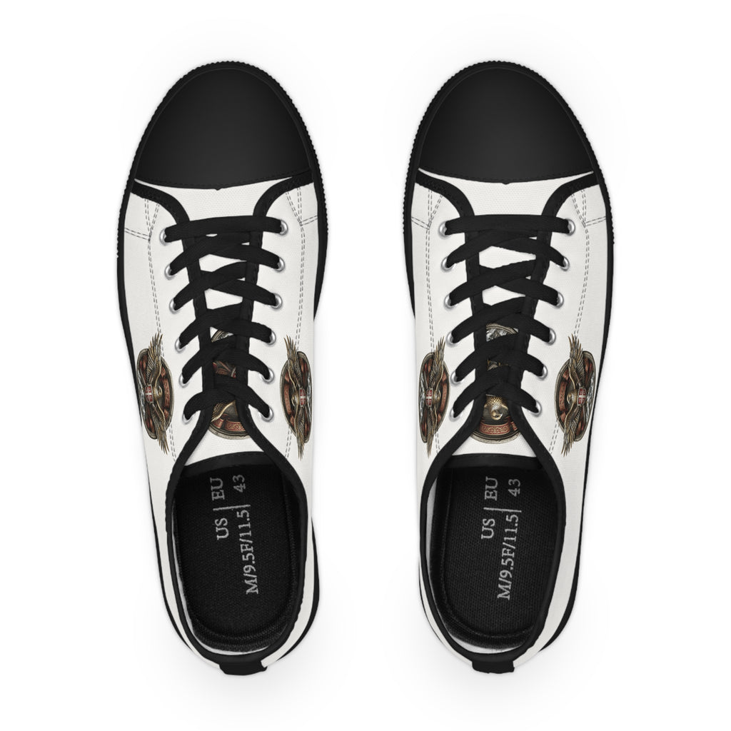 Men's Low Top Sneakers — White Canvas with Vintage Serbian Eagle Print