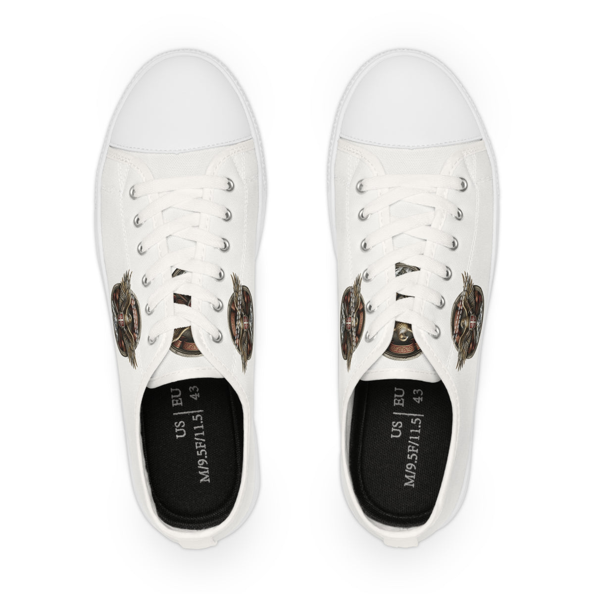Men's Low Top Sneakers — White Canvas with Vintage Serbian Eagle Print