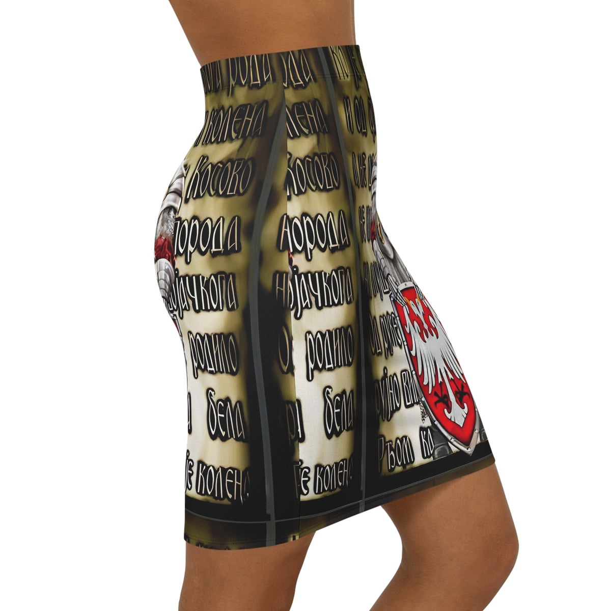 Serbian Eagle Shield Pencil Skirt — Mid‑Waist Armor Graphic