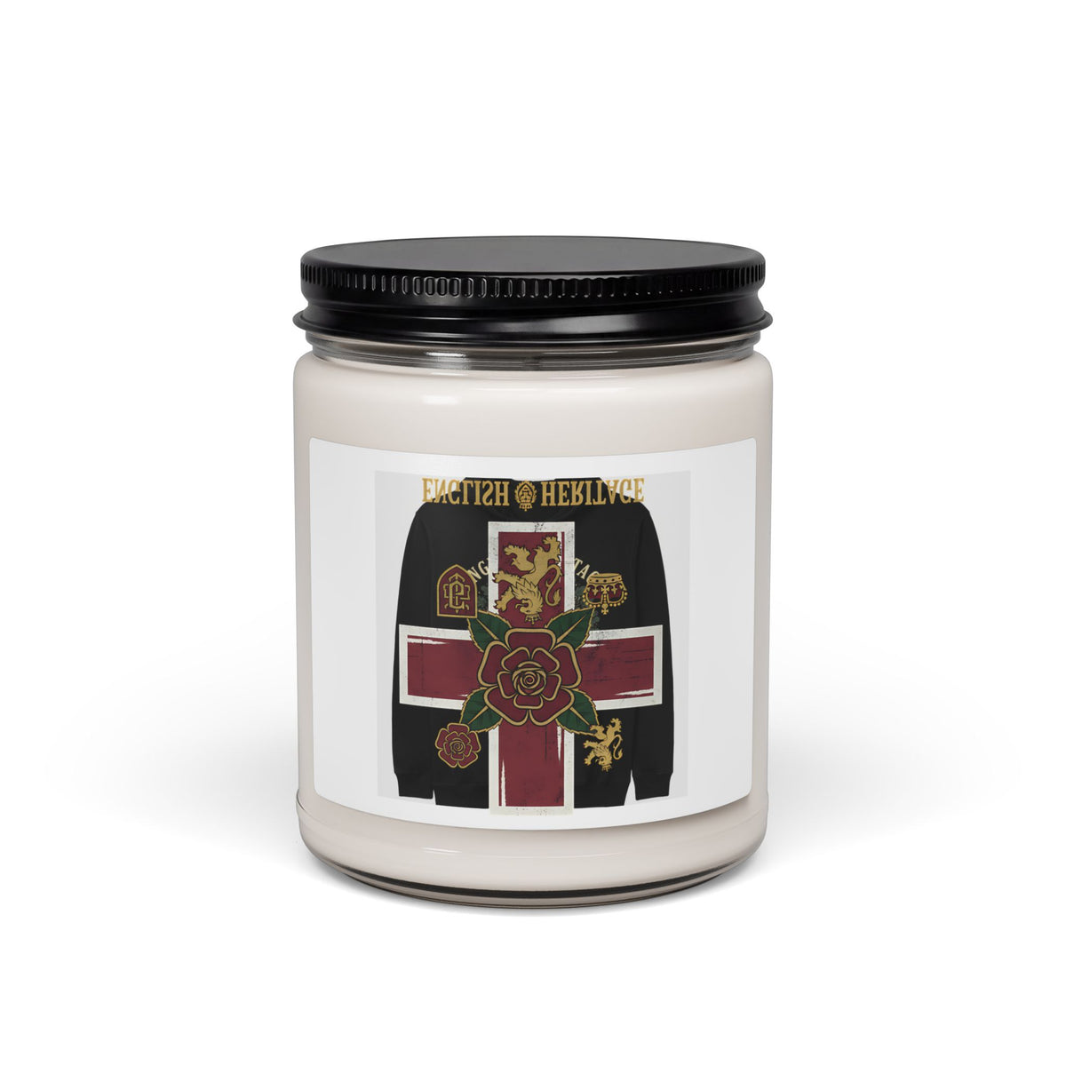 Heritage Crest Soy Candle — 9oz Scented Jar (Rose Cross & Lion Emblem)