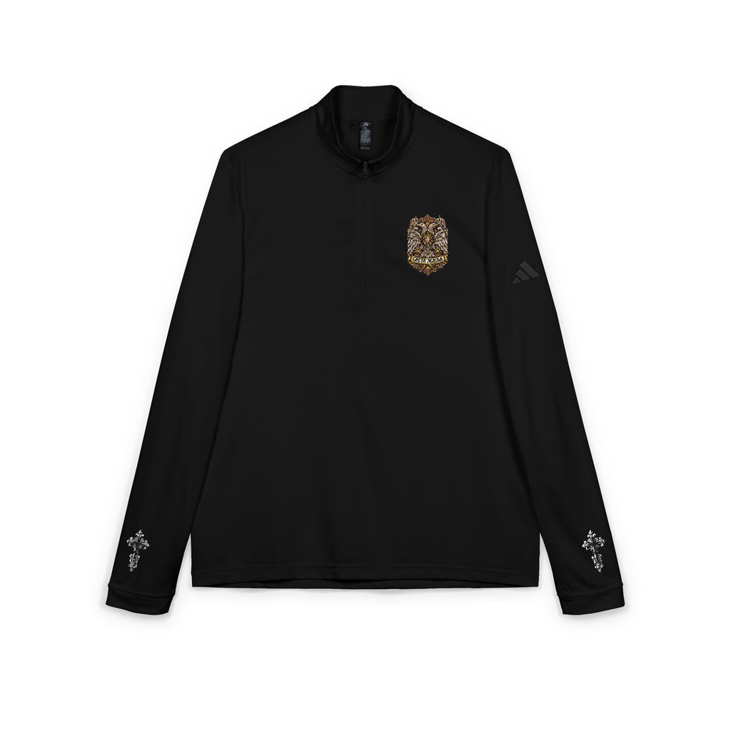 Embroidered Quarter-Zip Pullover — White Athletic Pullover with Crest Accent