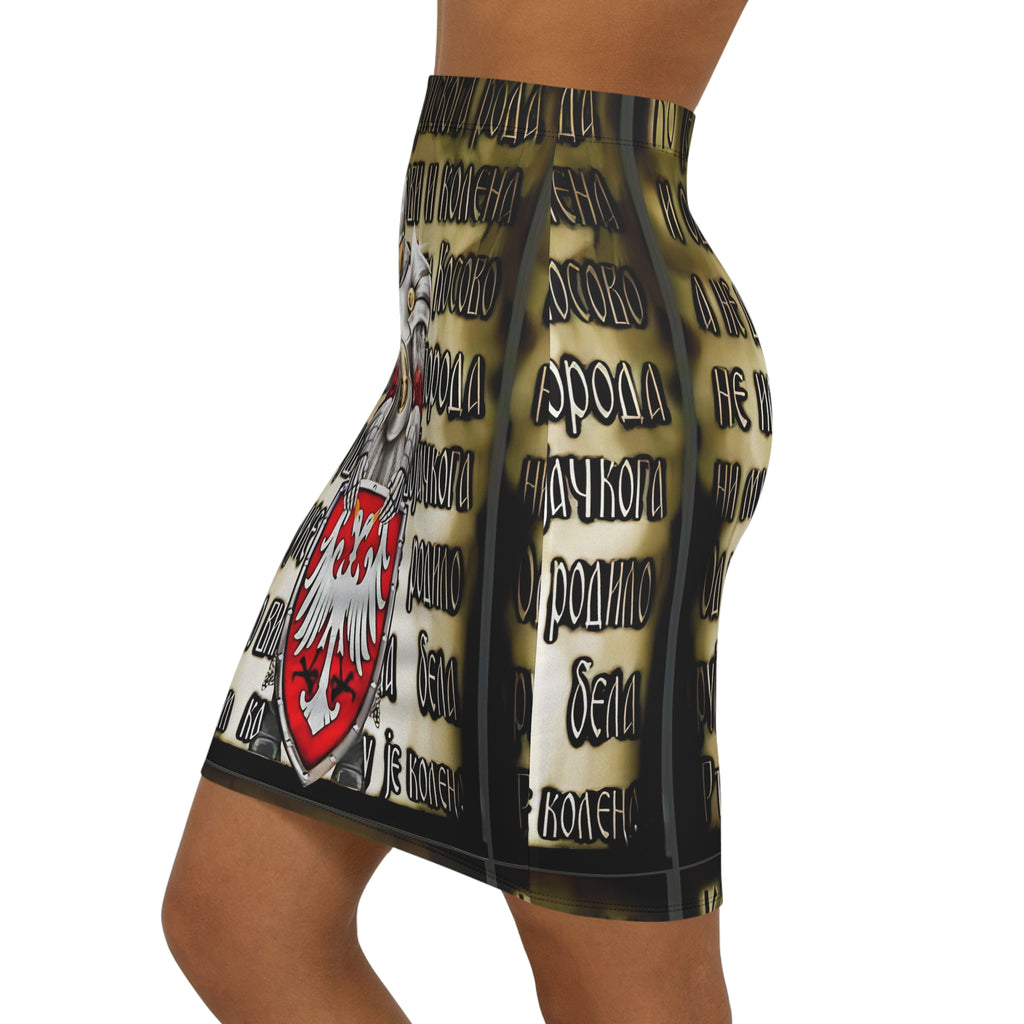 Serbian Eagle Shield Pencil Skirt — Mid‑Waist Armor Graphic