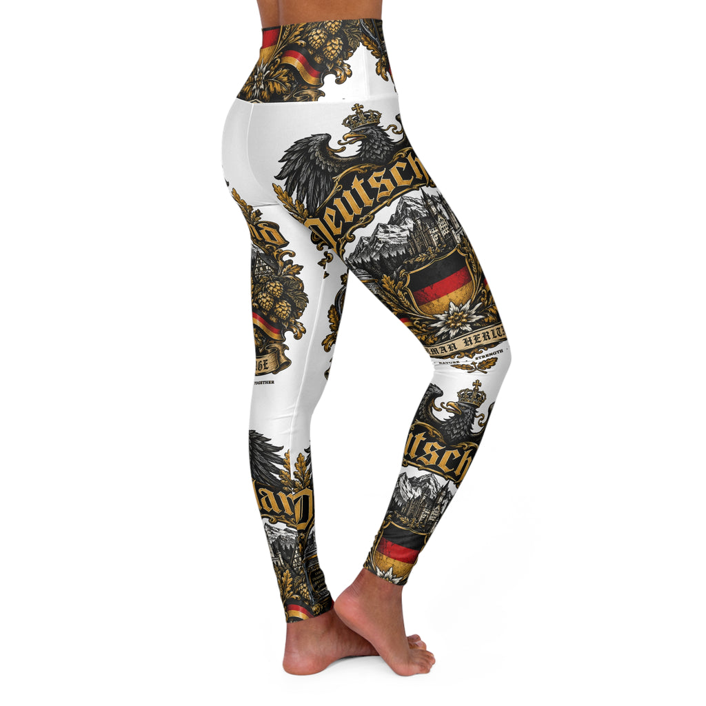 High-Waisted All-Over Print Yoga Leggings - Vintage German Crest Design