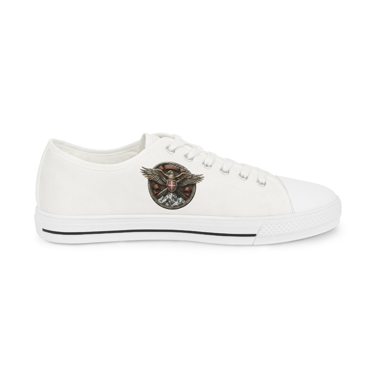 Men's Low Top Sneakers — White Canvas with Vintage Serbian Eagle Print