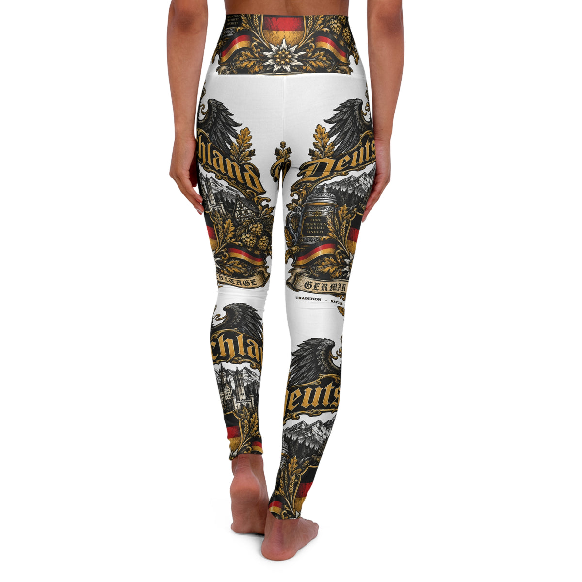 High-Waisted All-Over Print Yoga Leggings - Vintage German Crest Design