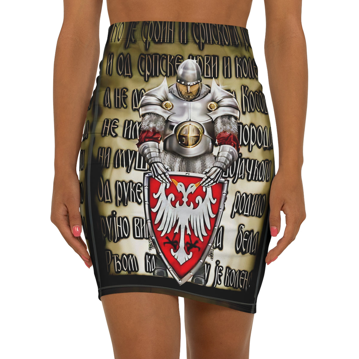 Serbian Eagle Shield Pencil Skirt — Mid‑Waist Armor Graphic