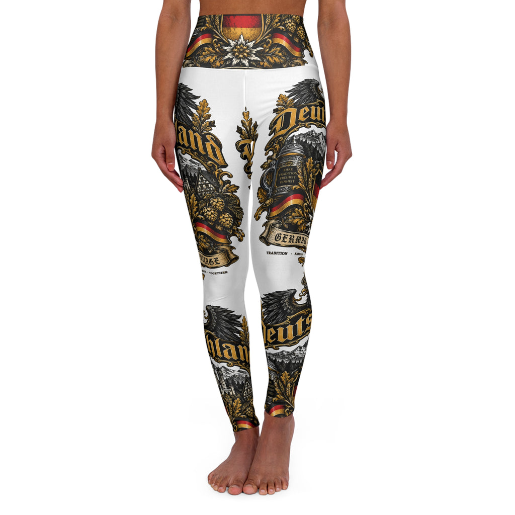 High-Waisted All-Over Print Yoga Leggings - Vintage German Crest Design